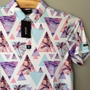 Bad Birdie Men Polo Shirt Medium Pastel‎ Golf Geometric Palm Print Short Sleeve